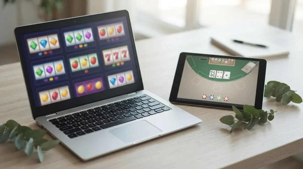 Laptop and tablet displaying generic slot reels, playing cards and a live table interface without branding