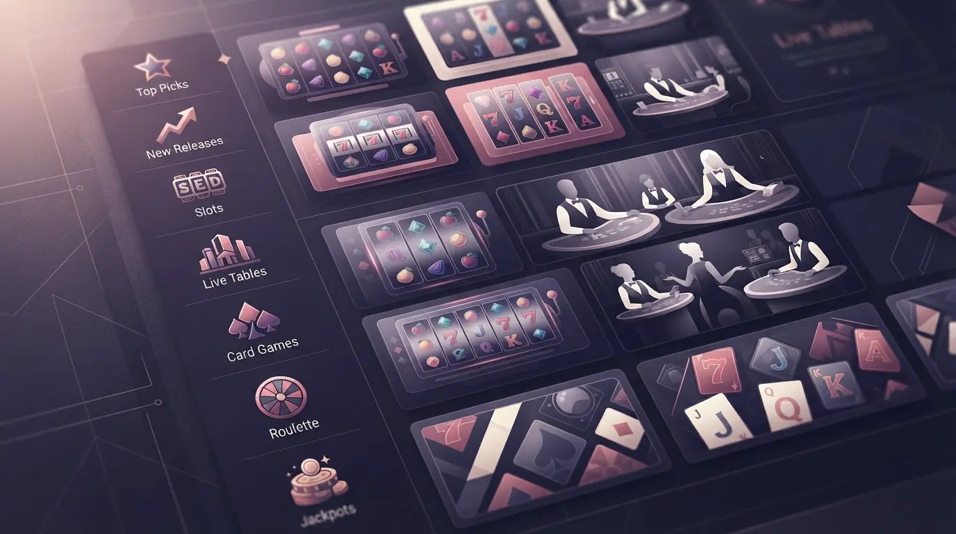 Slot reels and live table silhouettes arranged in a digital game library