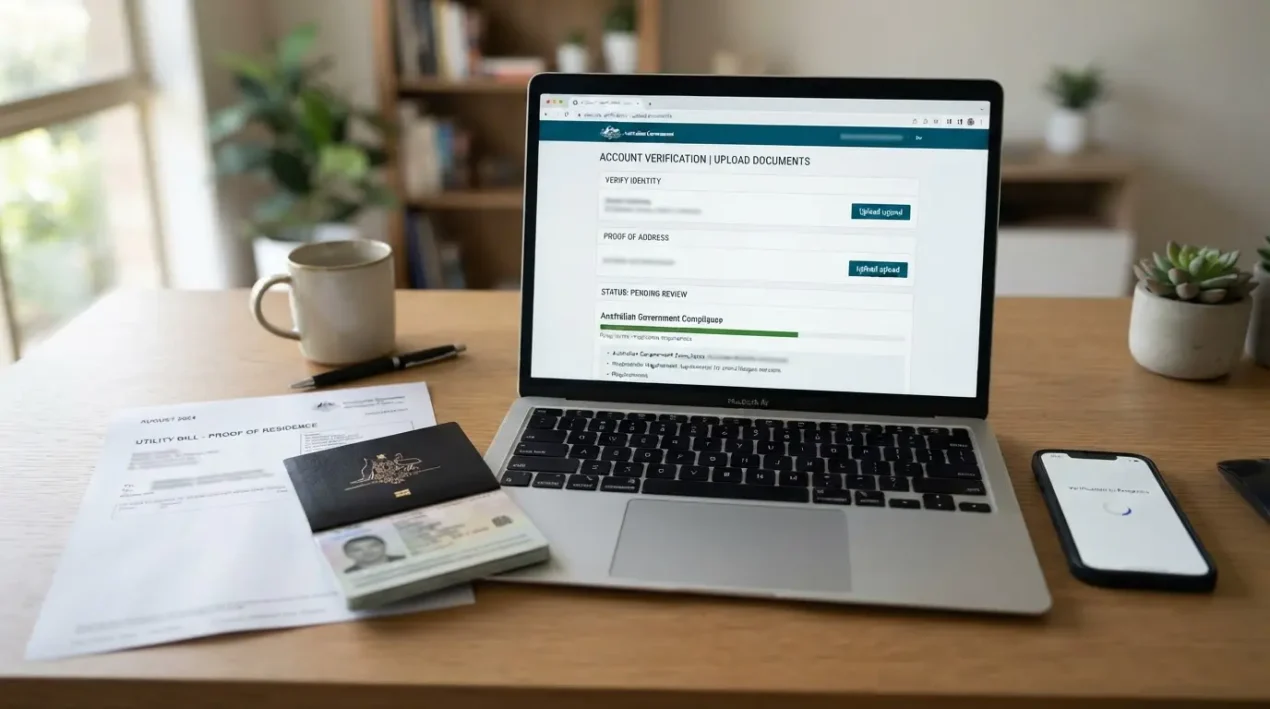 Generic identity verification workspace with passport, proof-of-address document, laptop and secure account check interface