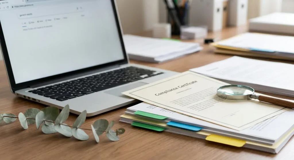 Generic compliance document, laptop and magnifying glass