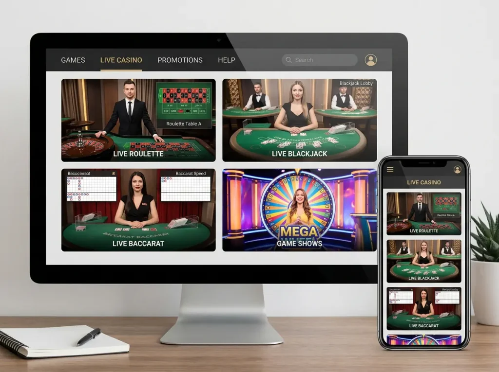 Generic live casino studio with roulette, blackjack and baccarat tables shown on desktop and mobile screens