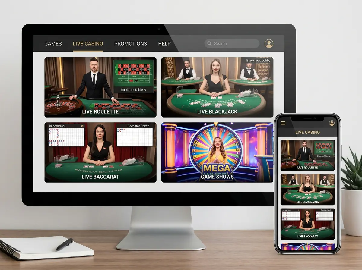 Generic live casino studio with roulette, blackjack and baccarat tables shown on desktop and mobile screens
