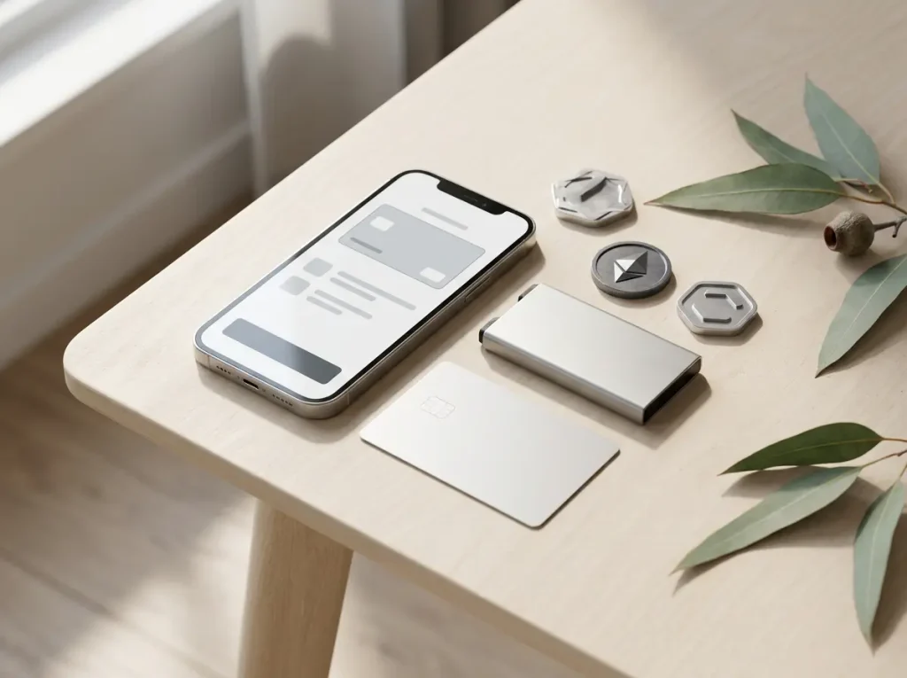 Phone, bank card, digital wallet and abstract cryptocurrency tokens arranged on a desk