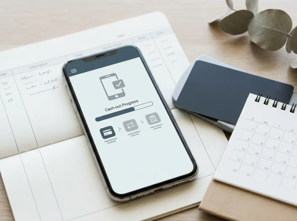 Phone showing a generic withdrawal flow beside a bank card, calendar and payment ledger